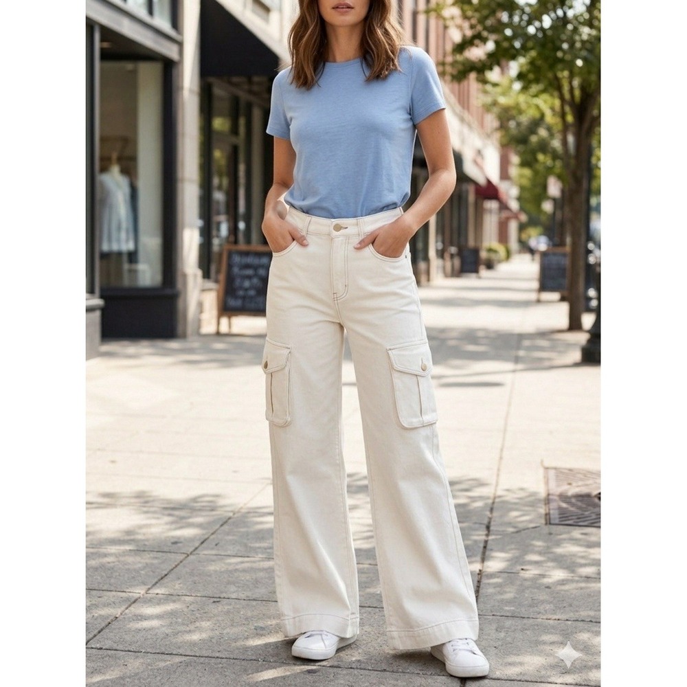 DL1961 Hepburn Wide Leg Cargo Jeans 28 White Eggshell‎ High Rise Tencel Denim